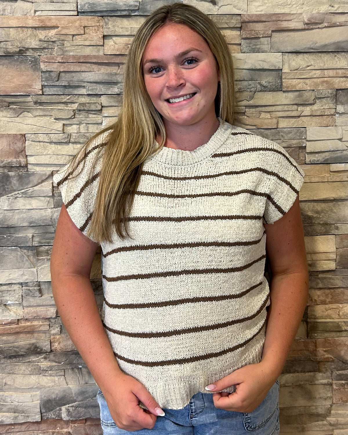 Striped Knit Sweater Vest Top-Natural