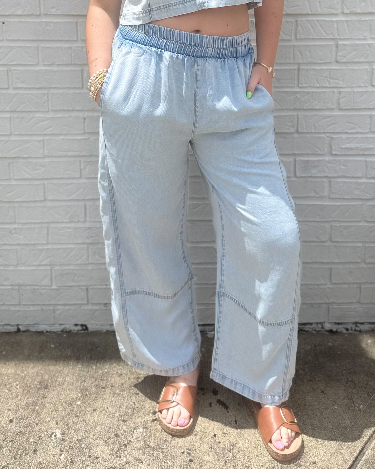 Elastic Waist Washed Denim Pants-Denim