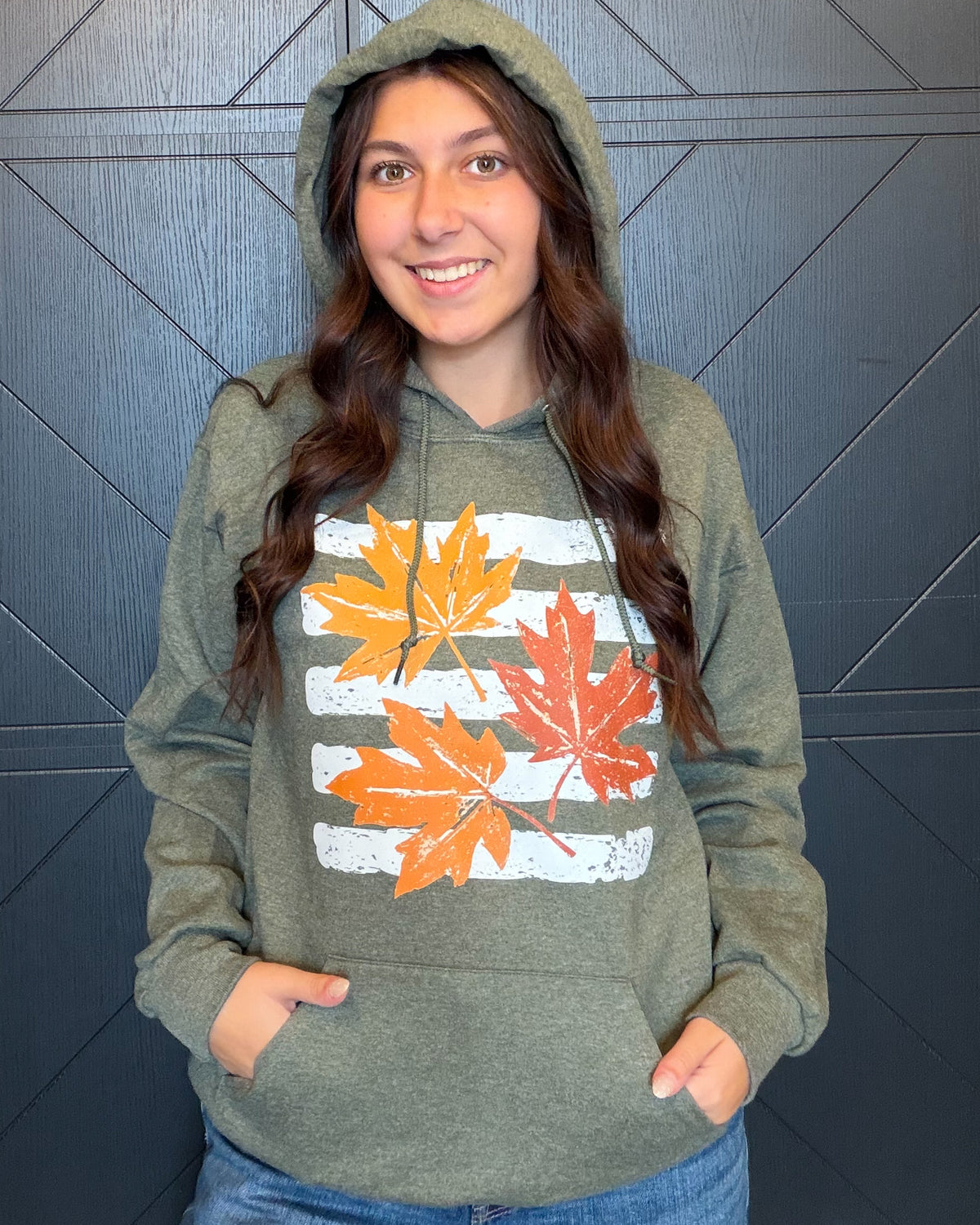 Striped Leaves- Military Green Hoodie