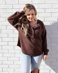 Ribbed Henley Long Sleeve - Dark Brown