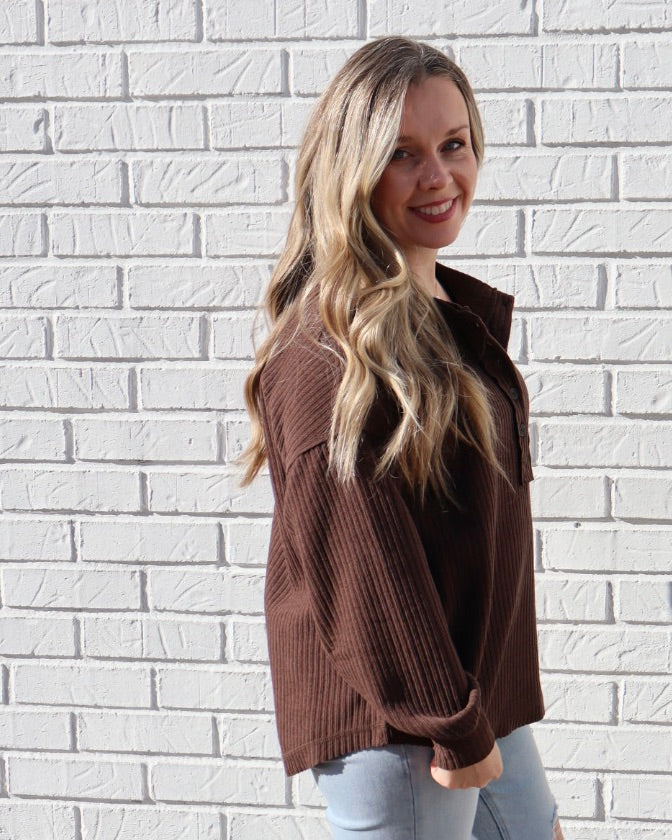Ribbed Henley Long Sleeve - Dark Brown