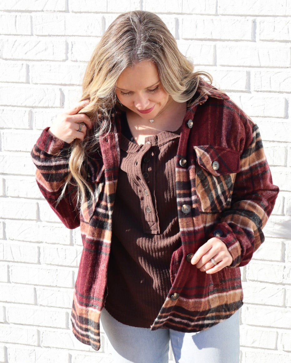 Wool Blend Plaid Jacket - Burgundy