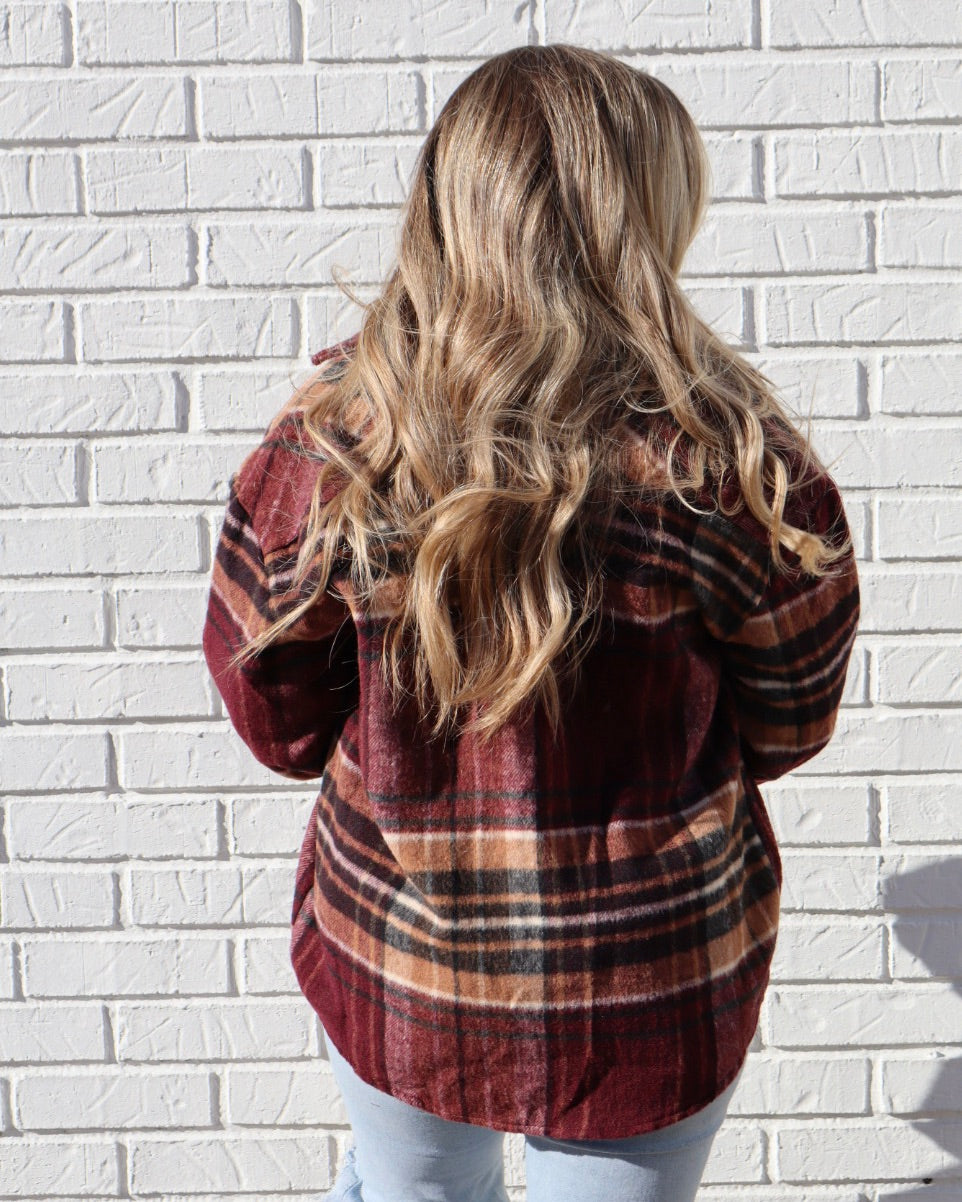 Wool Blend Plaid Jacket - Burgundy