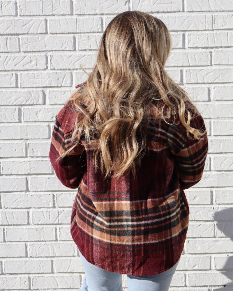 Wool Blend Plaid Jacket - Burgundy