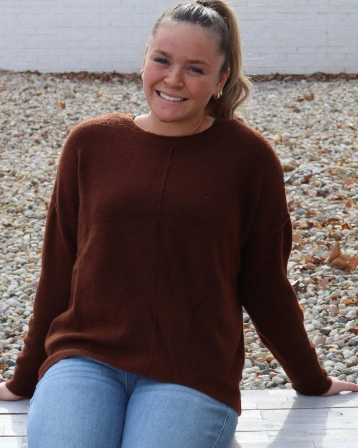 Solid Crewneck Knit Sweater - Brown