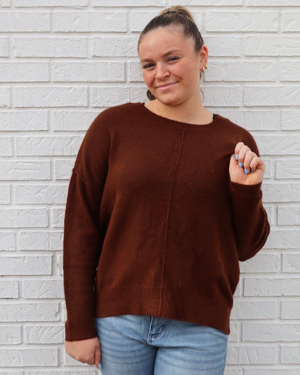 Solid Crewneck Knit Sweater - Brown