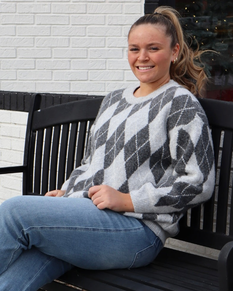 Checkered Crewneck Pullover - Grey