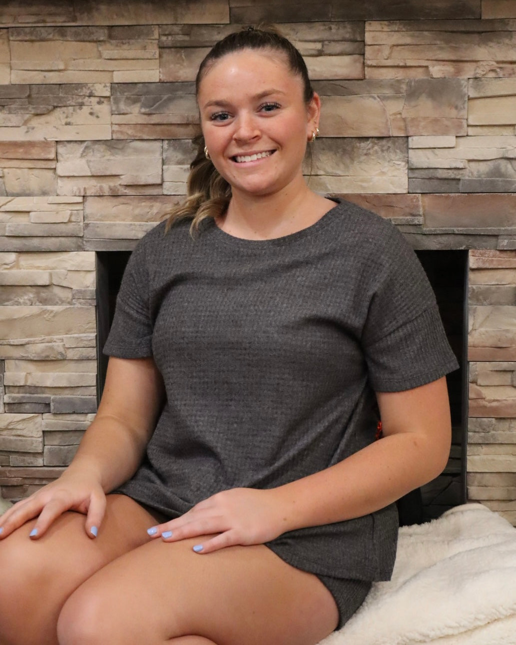 Plus Waffle Top w/ Shorts Set - Charcoal