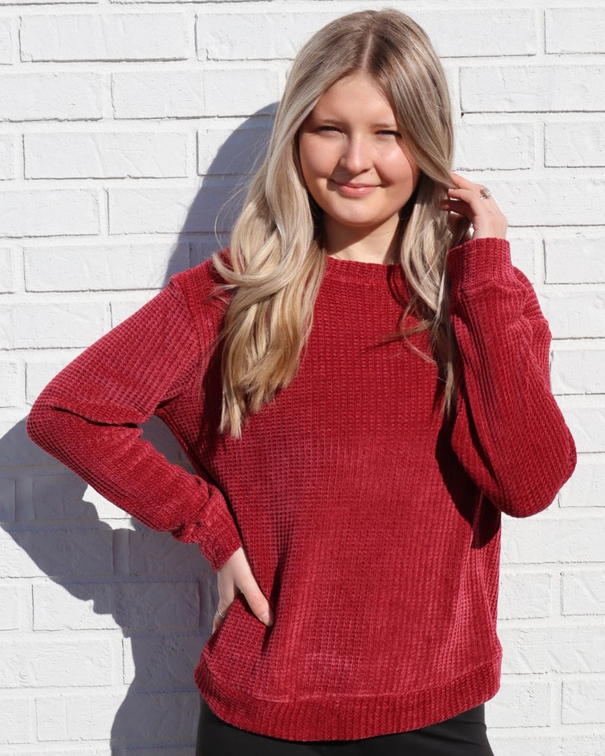 Plus Chenille Waffle Sweater - Burgundy