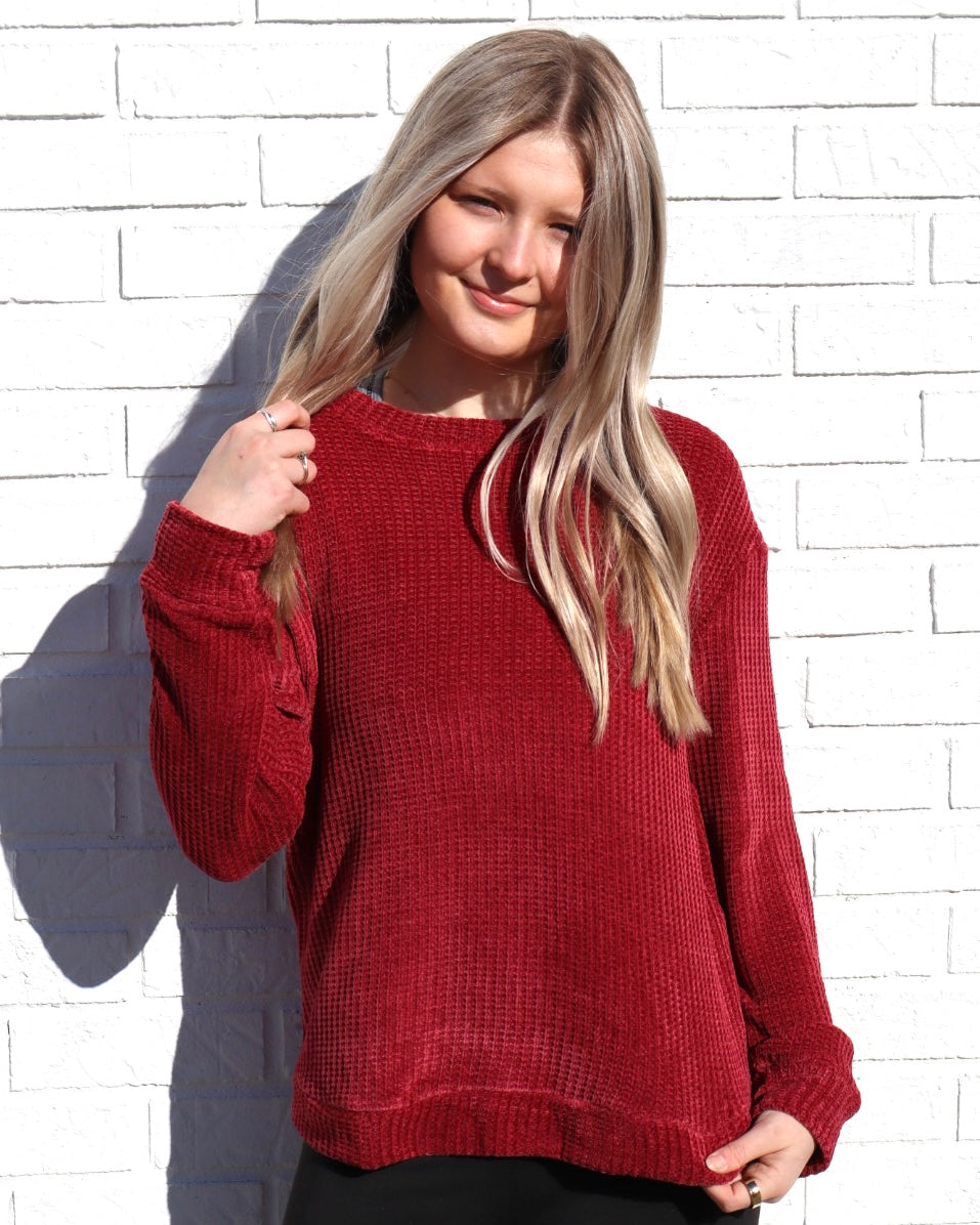 Plus Chenille Waffle Sweater - Burgundy