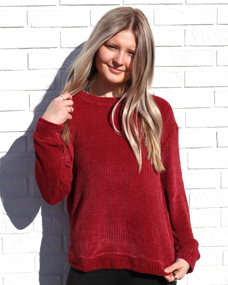 Chenille Waffle Sweater - Burgundy