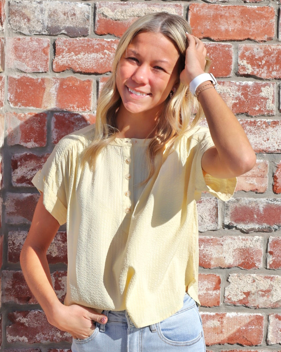 Ruched Shoulder Henley Top - Yellow