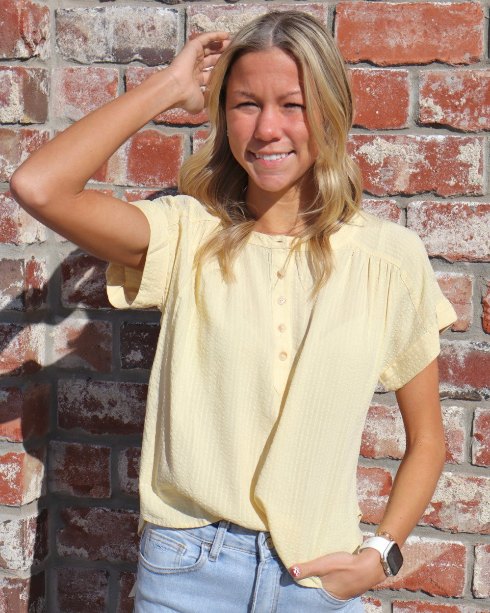 Ruched Shoulder Henley Top - Yellow