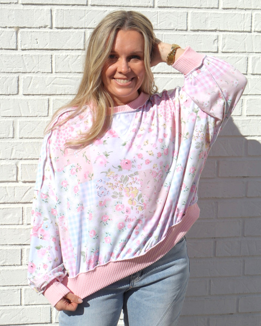 Oversized Long Sleeve Patchwork Top - Blush