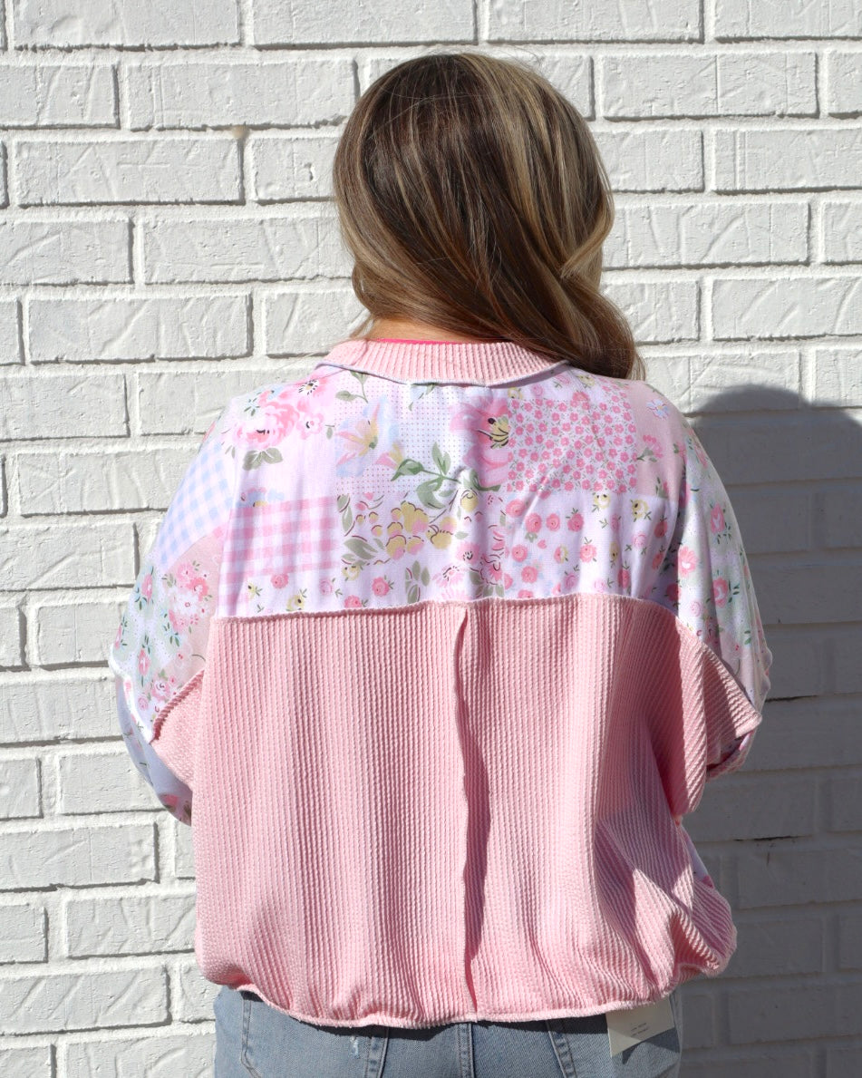 Oversized Long Sleeve Patchwork Top - Blush