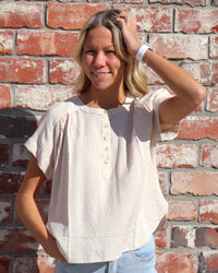 Plus Ruched Shoulder Henley Top - Taupe