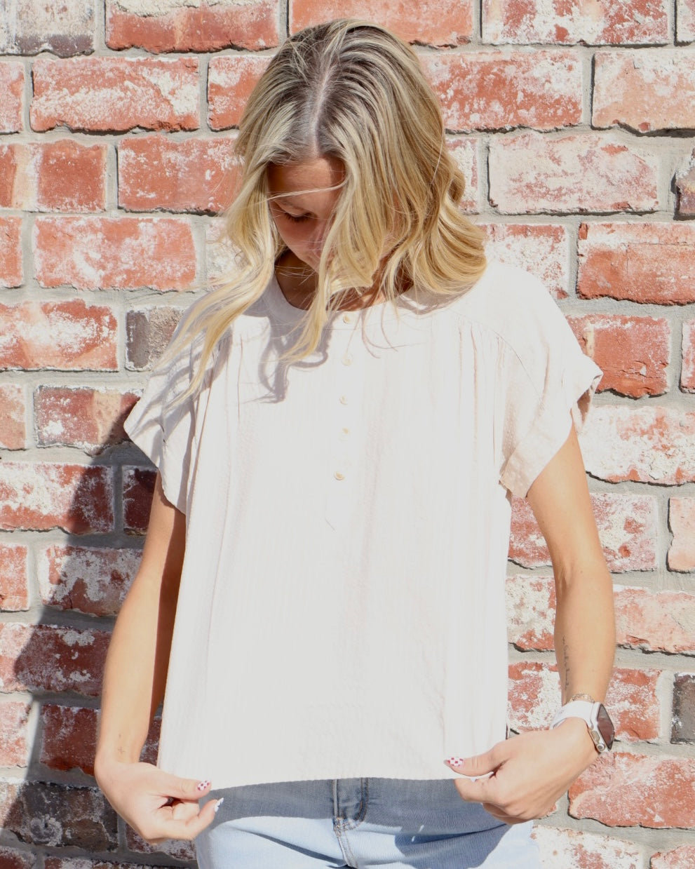 Plus Ruched Shoulder Henley Top - Taupe