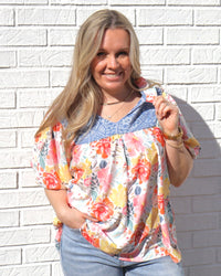 Bubble Puff Sleeve Floral Top - Denim/Coral