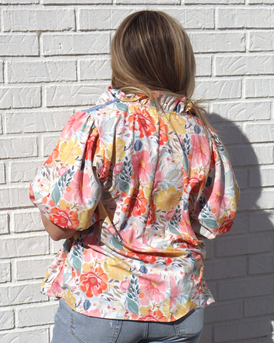 Bubble Puff Sleeve Floral Top - Denim/Coral
