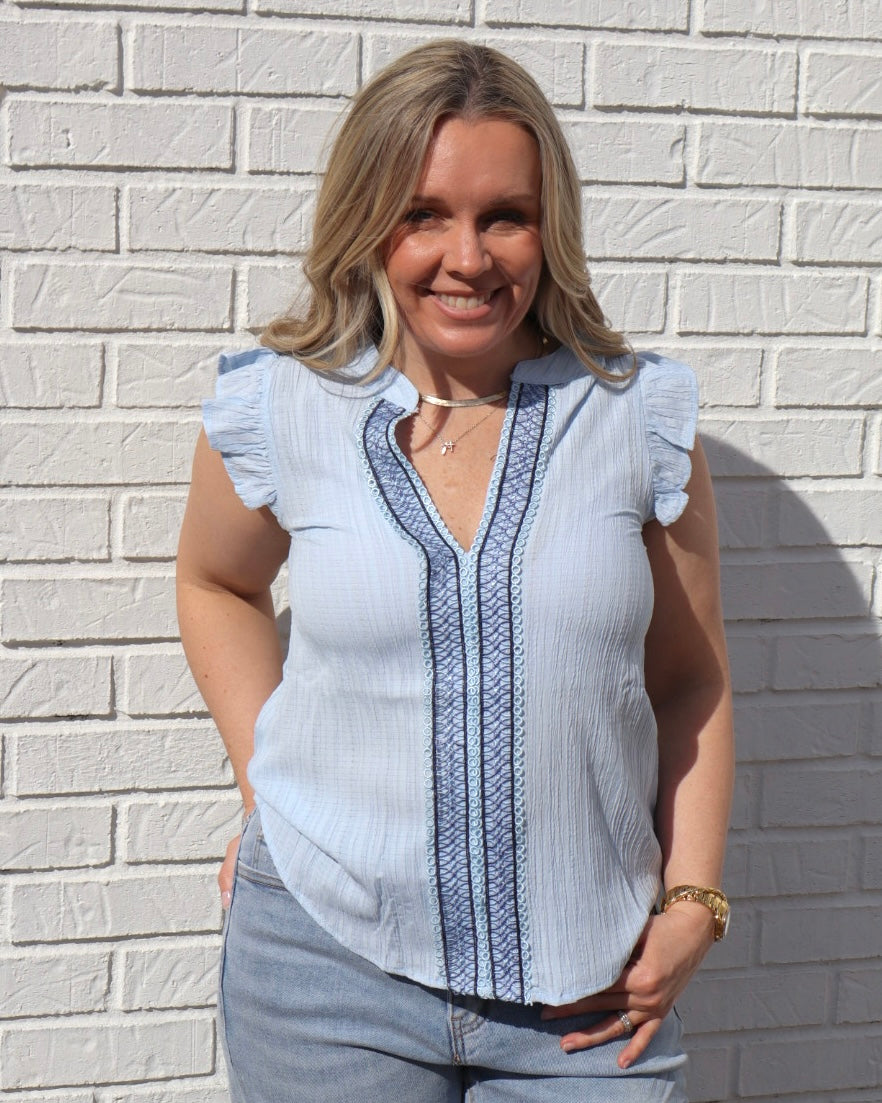 Embroidered Front Split Top - Light Blue
