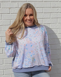 Oversized Long Sleeve Patchwork Top - Light Blue