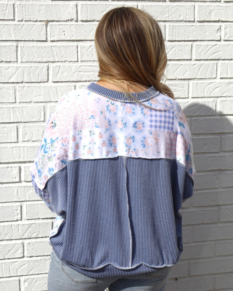 Oversized Long Sleeve Patchwork Top - Light Blue
