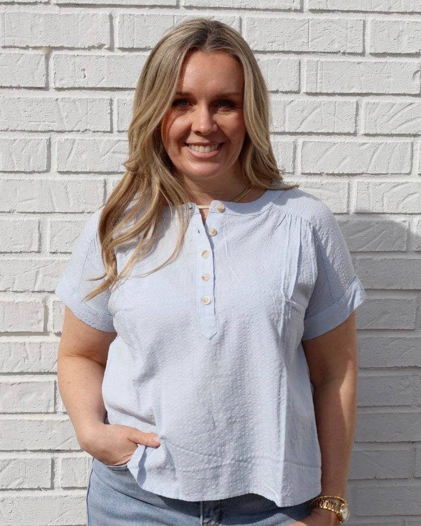 Ruched Shoulder Henley Top - Light Blue