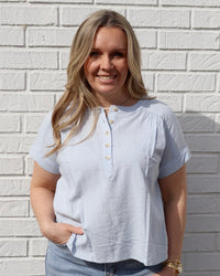 Ruched Shoulder Henley Top - Light Blue