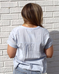 Ruched Shoulder Henley Top - Light Blue