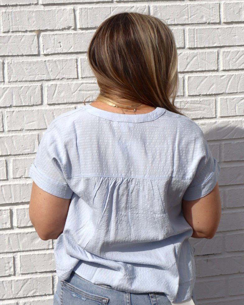 Ruched Shoulder Henley Top - Light Blue