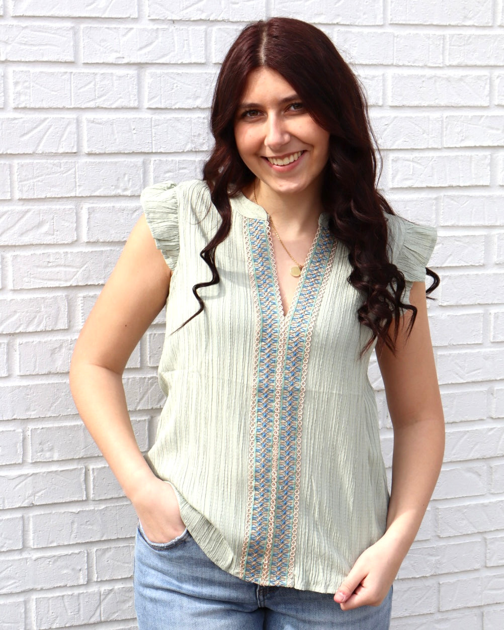Embroidered Front Split Top - Sage