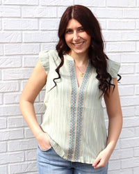 Embroidered Front Split Top - Sage