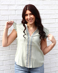 Plus Embroidered Front Split Top - Sage