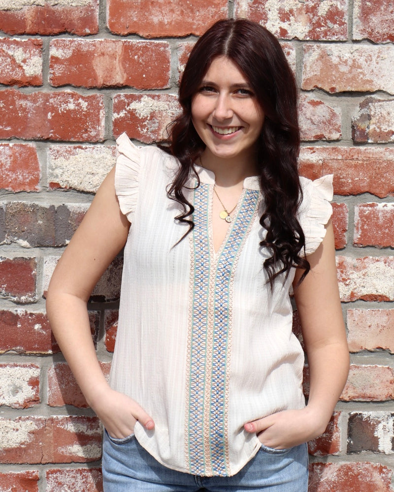 Embroidered Front Split Top - Khaki