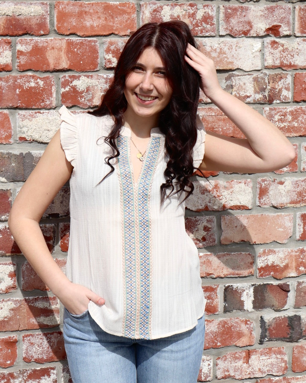 Embroidered Front Split Top - Khaki