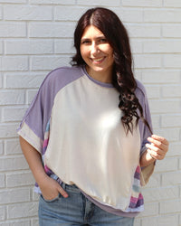Plus Stripe Color Block Short Sleeve Top - Oatmeal/Lavender