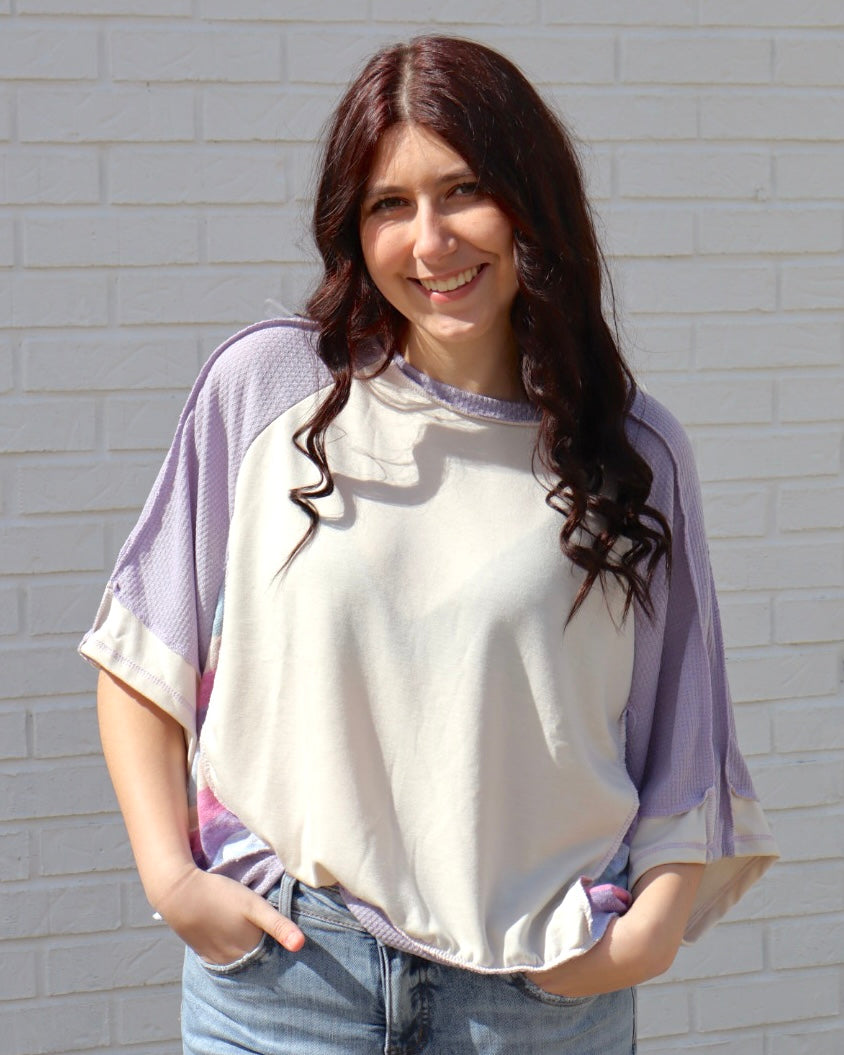 Plus Stripe Color Block Short Sleeve Top - Oatmeal/Lavender