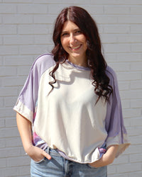 Plus Stripe Color Block Short Sleeve Top - Oatmeal/Lavender