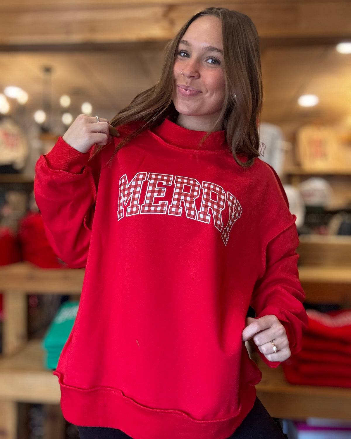 Merry Red Gingham-Red Mockneck