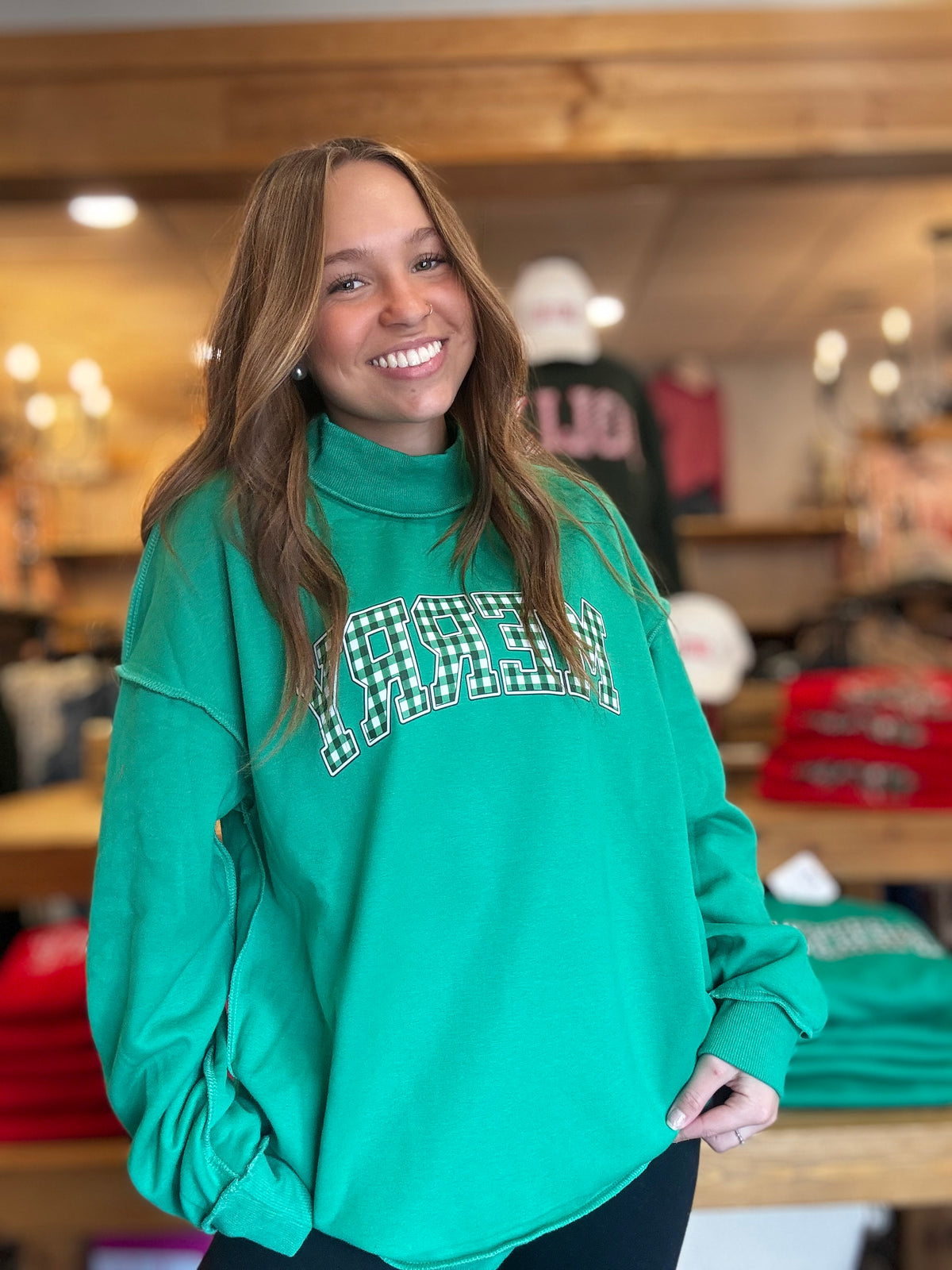 Merry Green Gingham-Mockneck