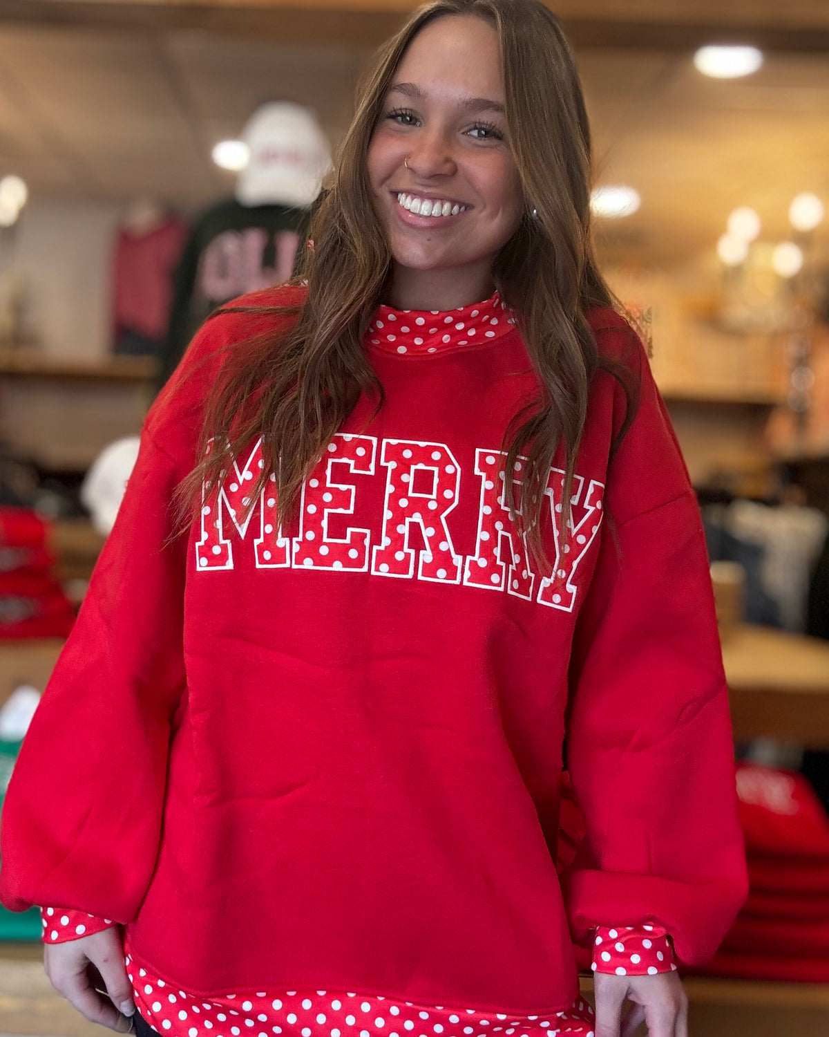 Red Merry Polka Dot Mock Neck Sweatshirt