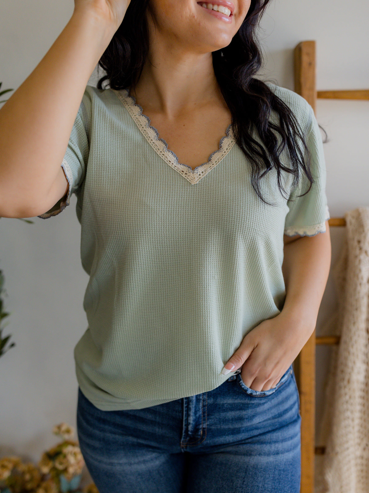 Colored Trim V-Neck Solid Top