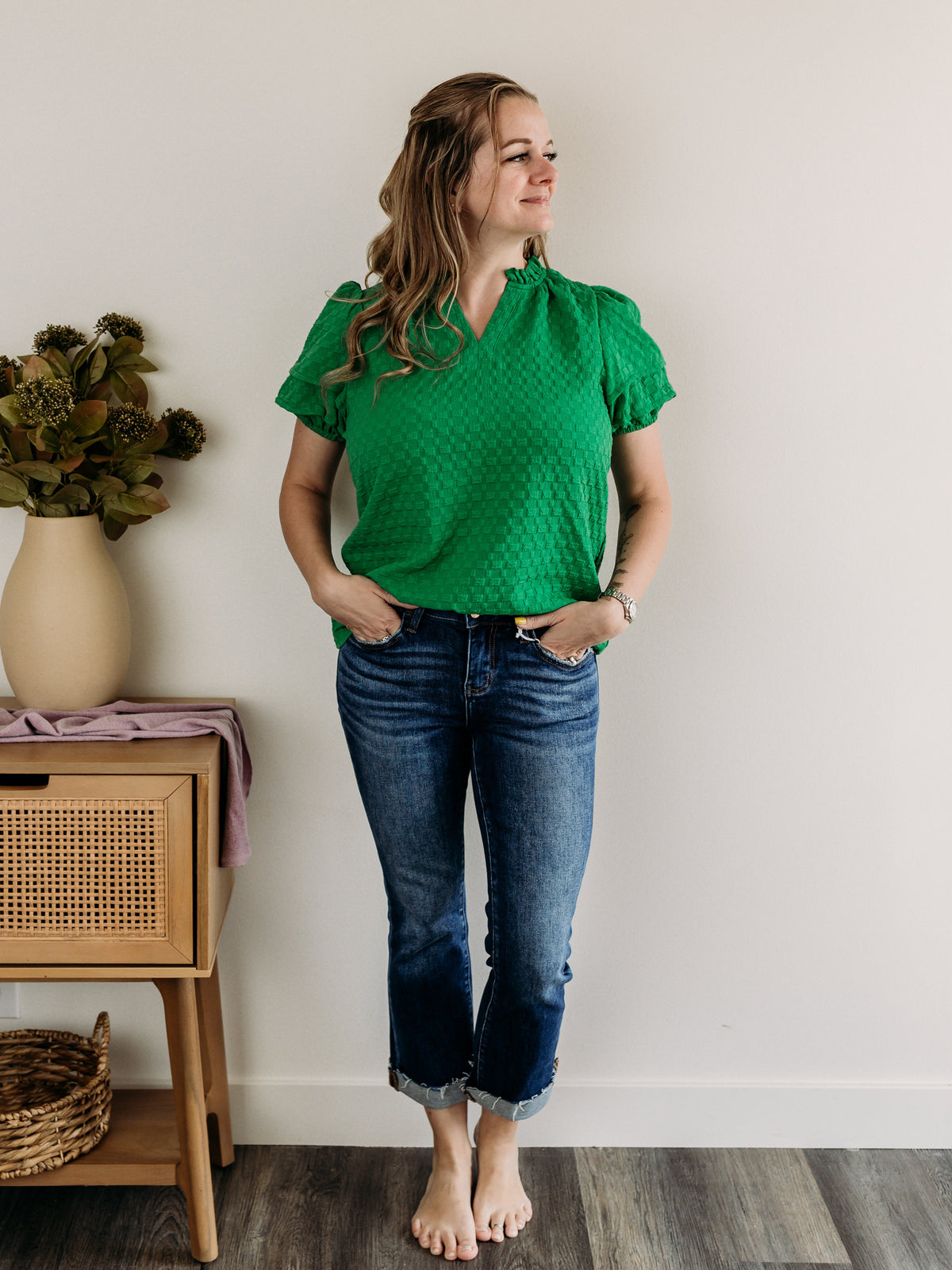 Puff Sleeve Notched V-Neck