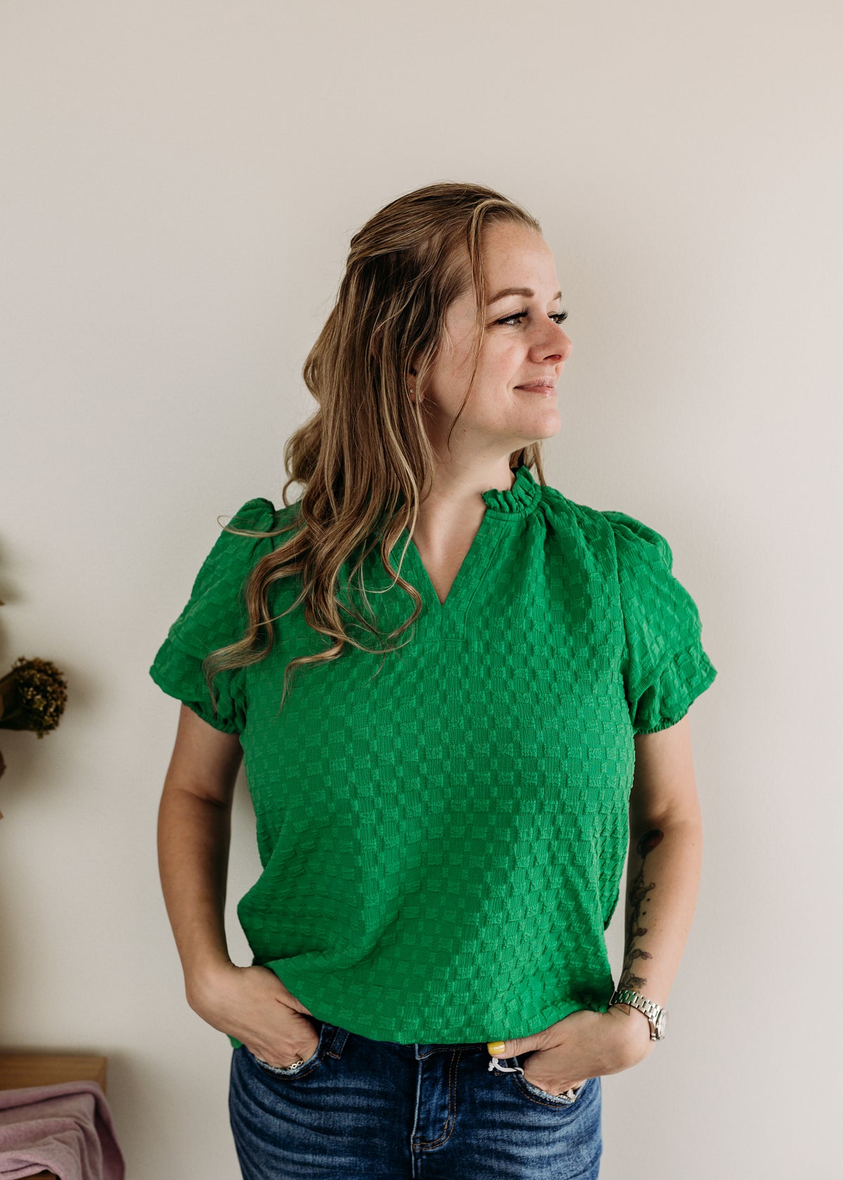 Puff Sleeve Notched V-Neck