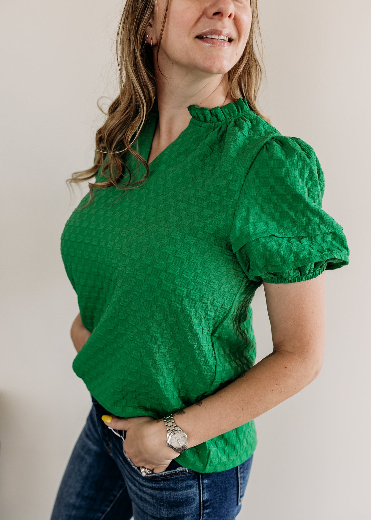 Puff Sleeve Notched V-Neck