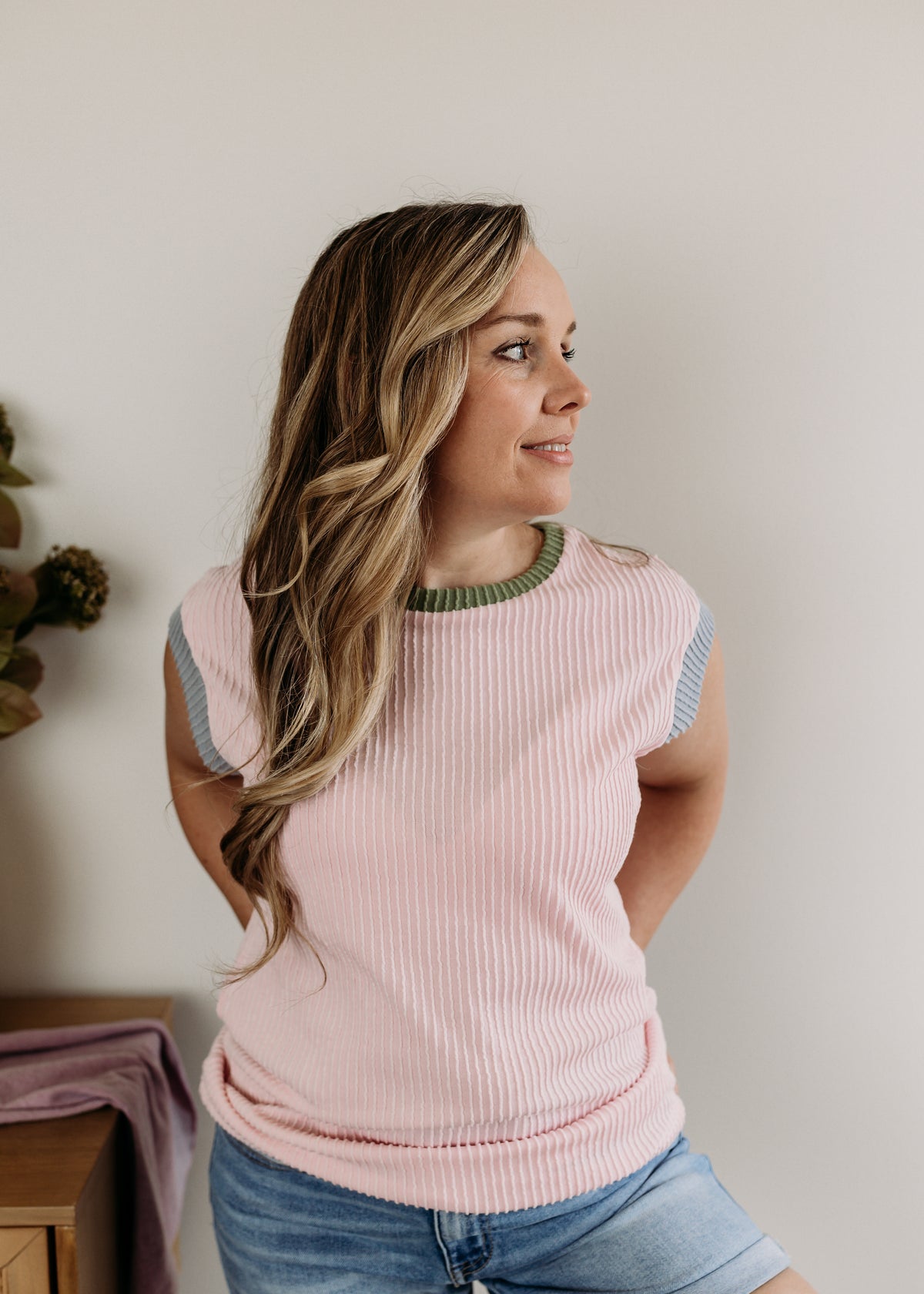 Color Block Corded Crew Neck