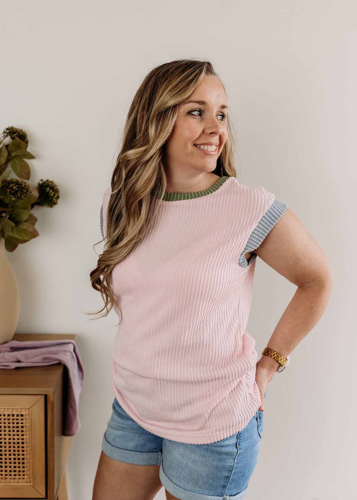 Color Block Corded Crew Neck