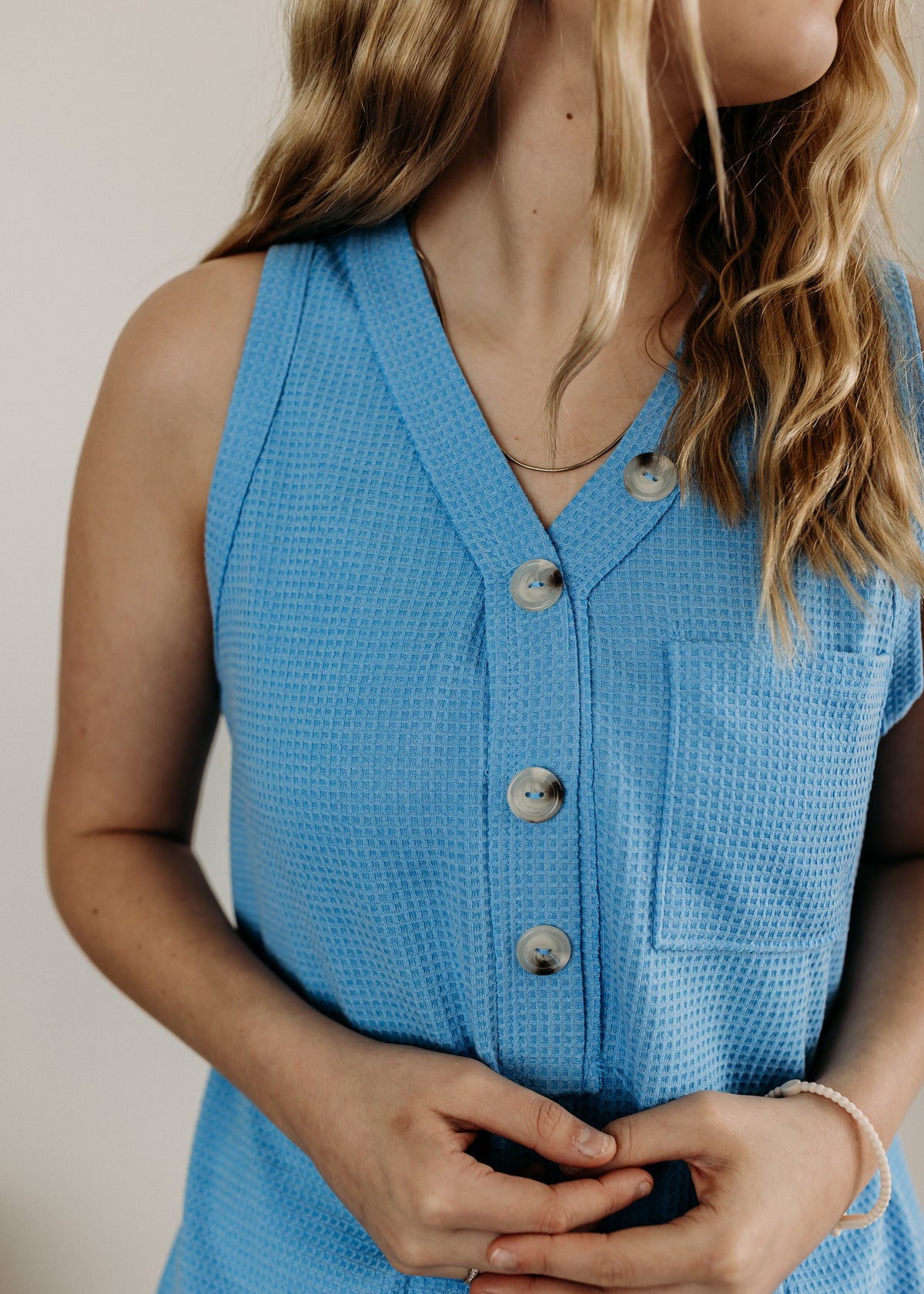 Sleeveless Waffle Top w/Button Detail