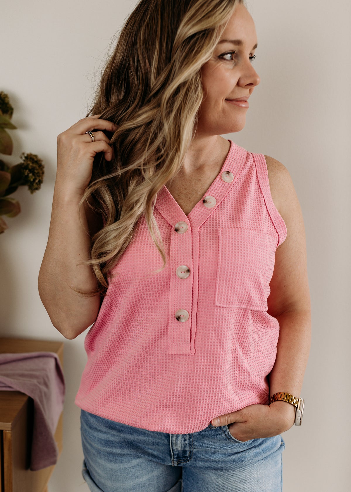 Sleeveless Waffle Top w/Button Detail