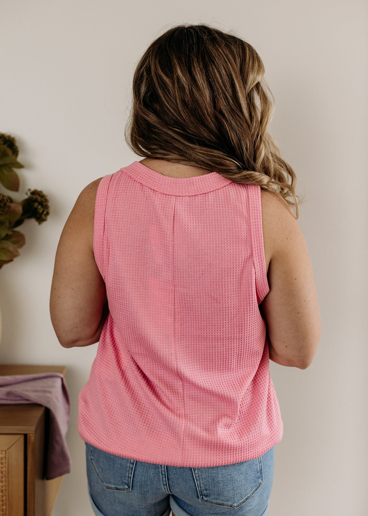 Sleeveless Waffle Top w/Button Detail